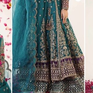 Elegant Teal and Purple Embroidered Gown